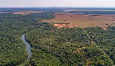 Luftaufnahme eines mäandrierenden Amazonas-Nebenflusses, Straßen durch Regenwald und angrenzendes Agrarland im Amazonas-Regenwald. 